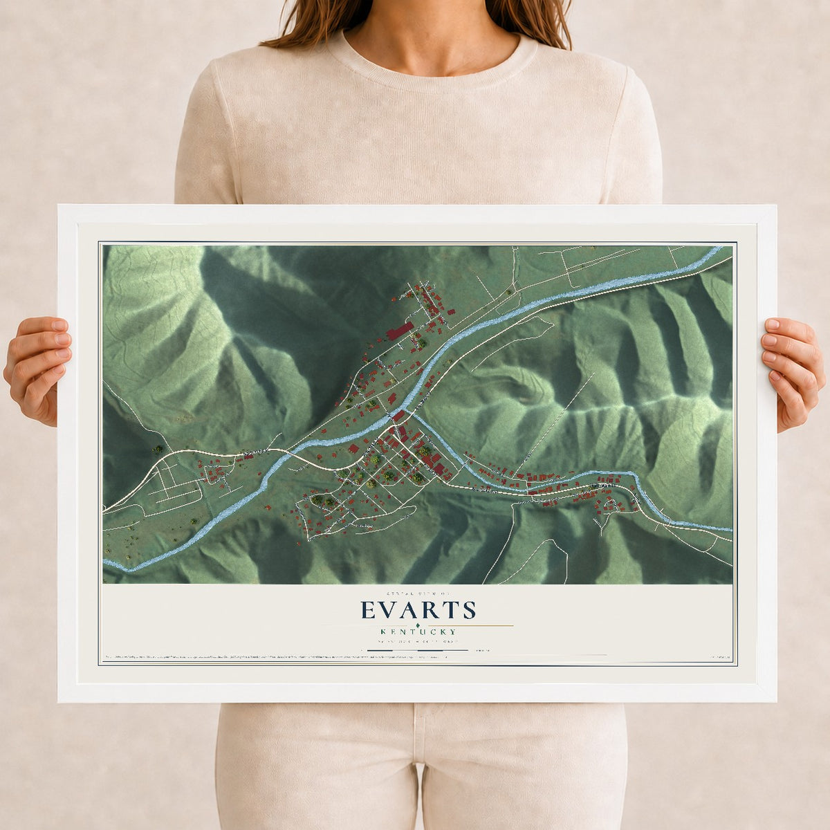 Map of Evarts, Kentucky, 12 x 18 inch print in a white wood frame