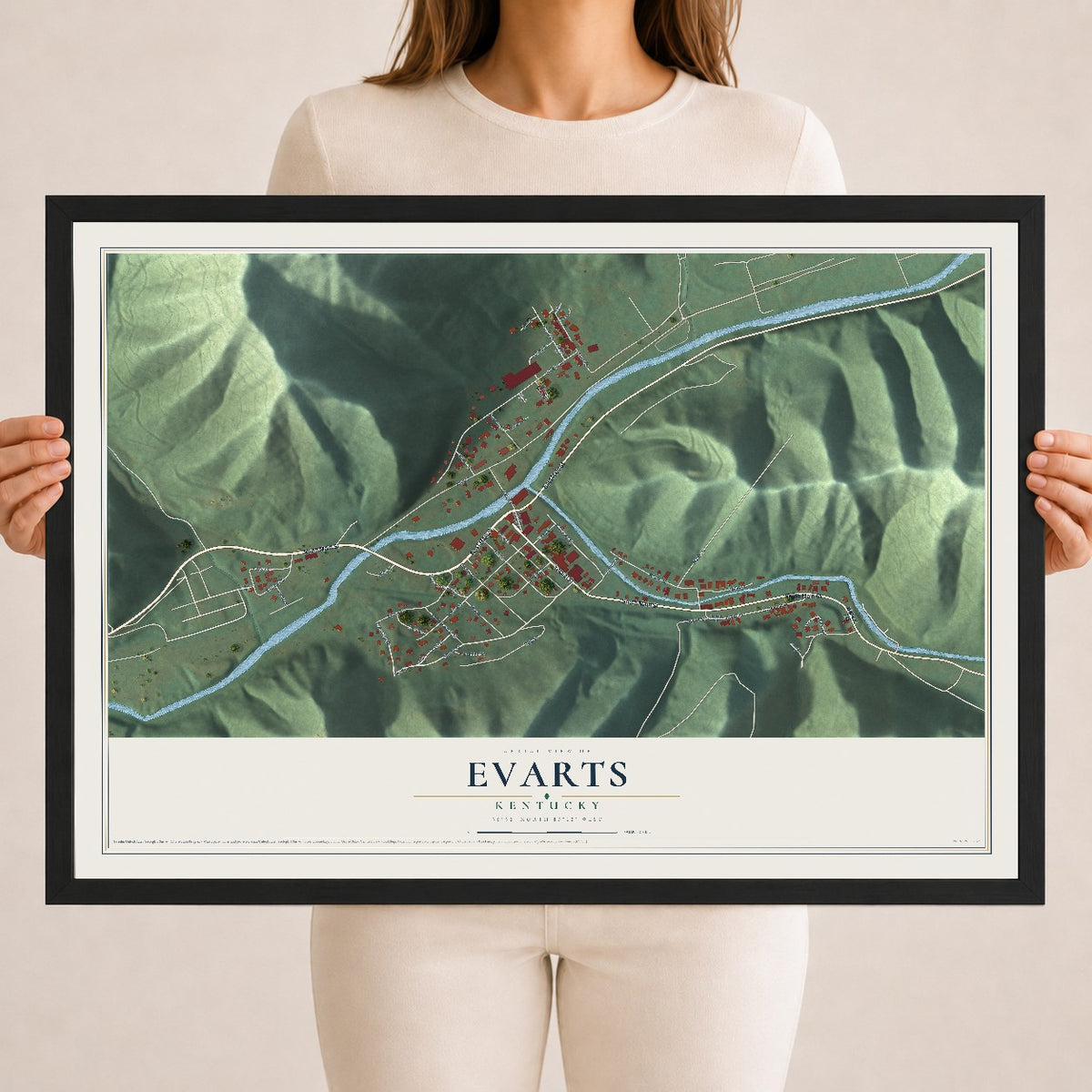 Map of Evarts, Kentucky, 18 x 24 inch print in a black wood frame
