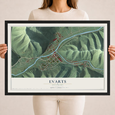 Map of Evarts, Kentucky, 18 x 24 inch print in a black wood frame