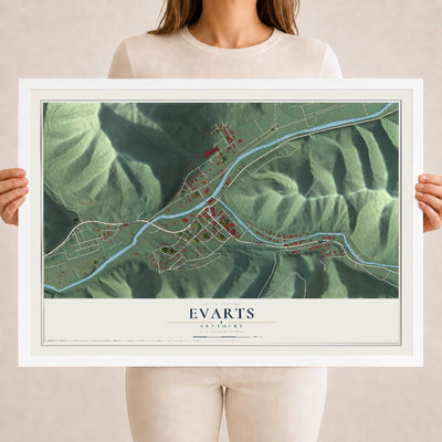Map of Evarts, Kentucky, 18 x 24 inch print in a white wood frame