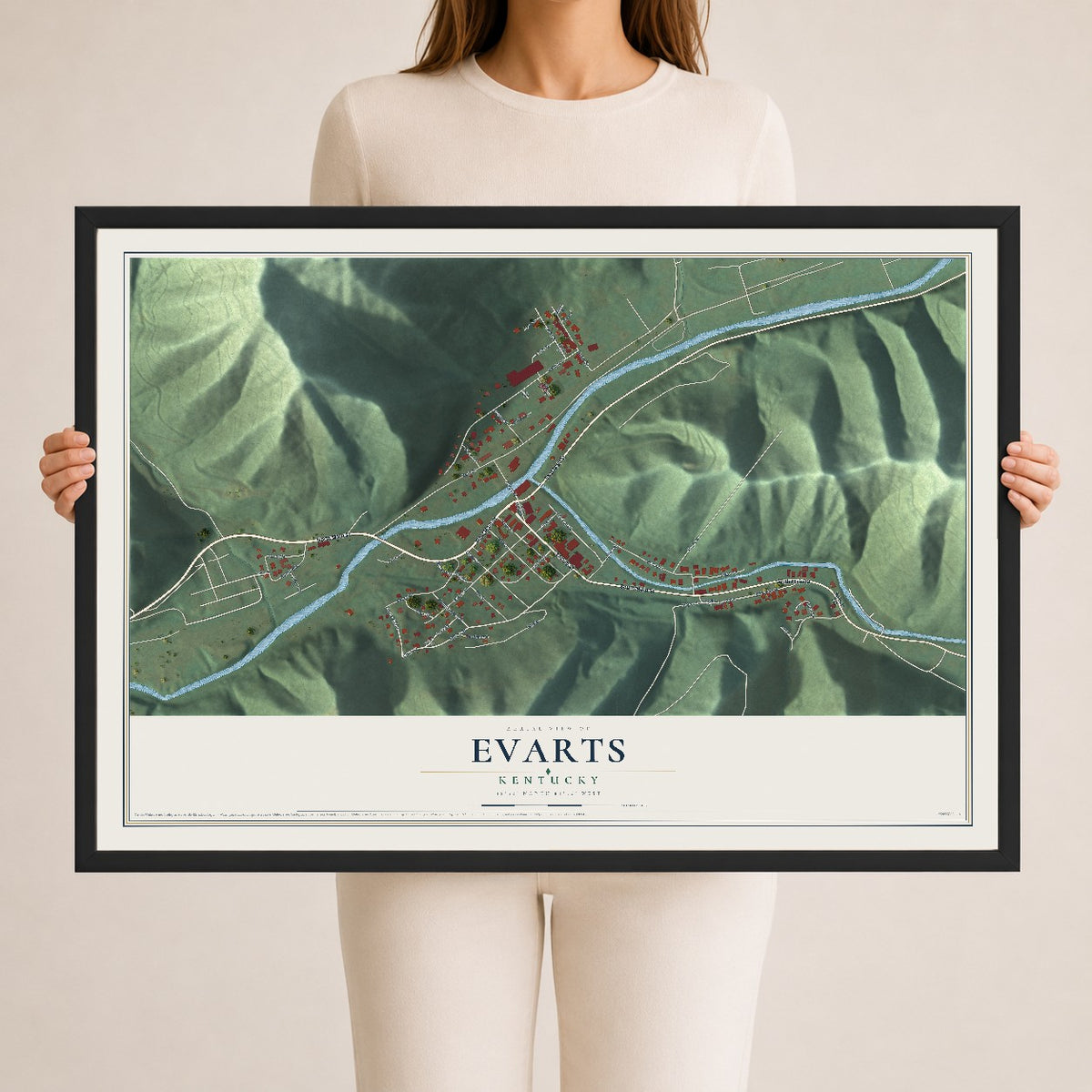 Map of Evarts, Kentucky, 24 x 36 inch print in a black wood frame