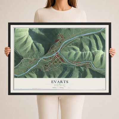 Map of Evarts, Kentucky, 24 x 36 inch print in a black wood frame