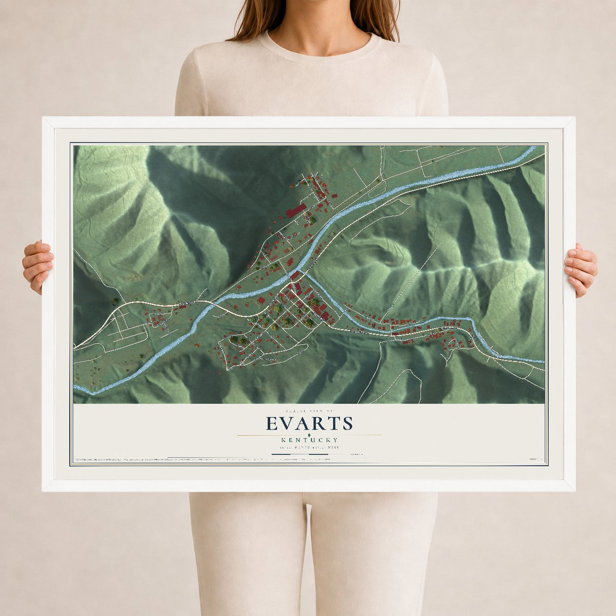 Map of Evarts, Kentucky, 24 x 36 inch print in a white wood frame