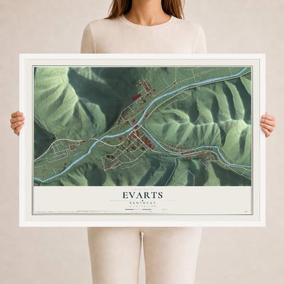 Map of Evarts, Kentucky, 24 x 36 inch print in a white wood frame