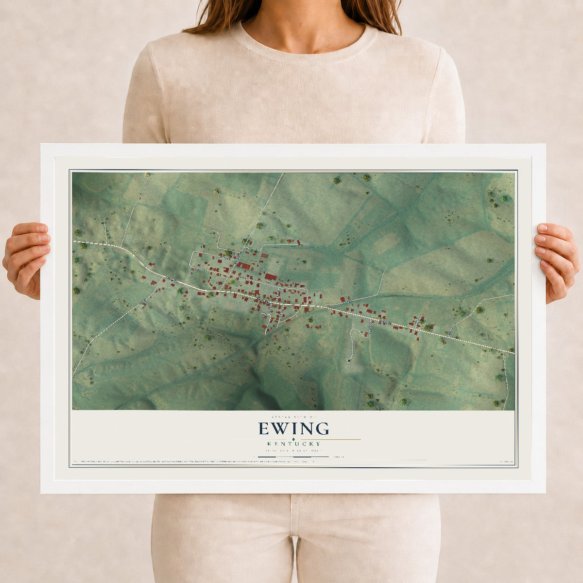 Map of Ewing, Kentucky, 12 x 18 inch print in a white wood frame