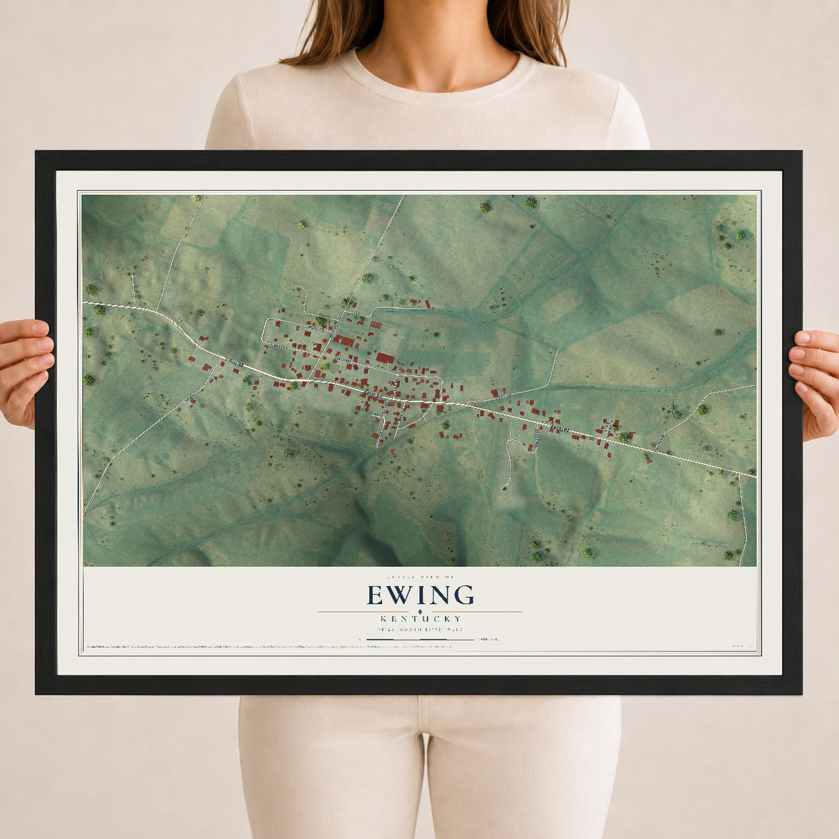 Map of Ewing, Kentucky, 18 x 24 inch print in a black wood frame