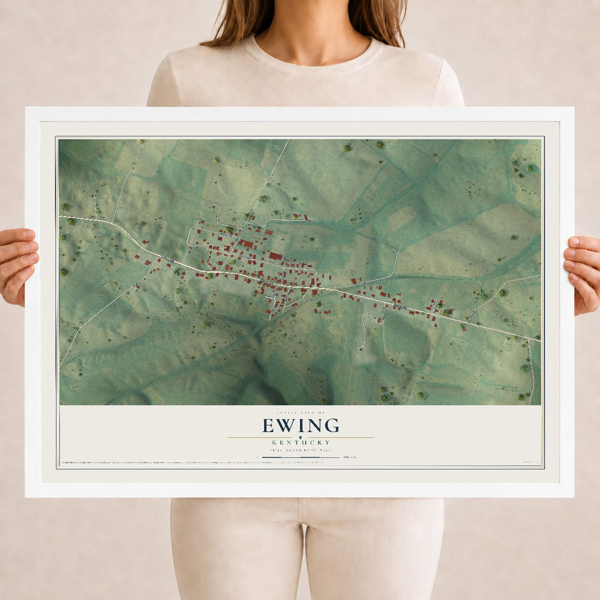 Map of Ewing, Kentucky, 18 x 24 inch print in a white wood frame