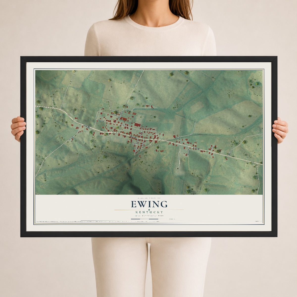 Map of Ewing, Kentucky, 24 x 36 inch print in a black wood frame