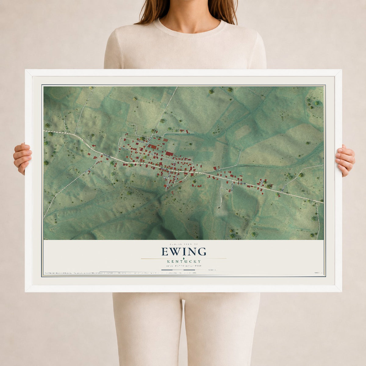 Map of Ewing, Kentucky, 24 x 36 inch print in a white wood frame