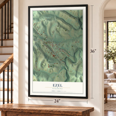 Ezel, Kentucky map, 24 x 36 inch print in a black frame by a staircase