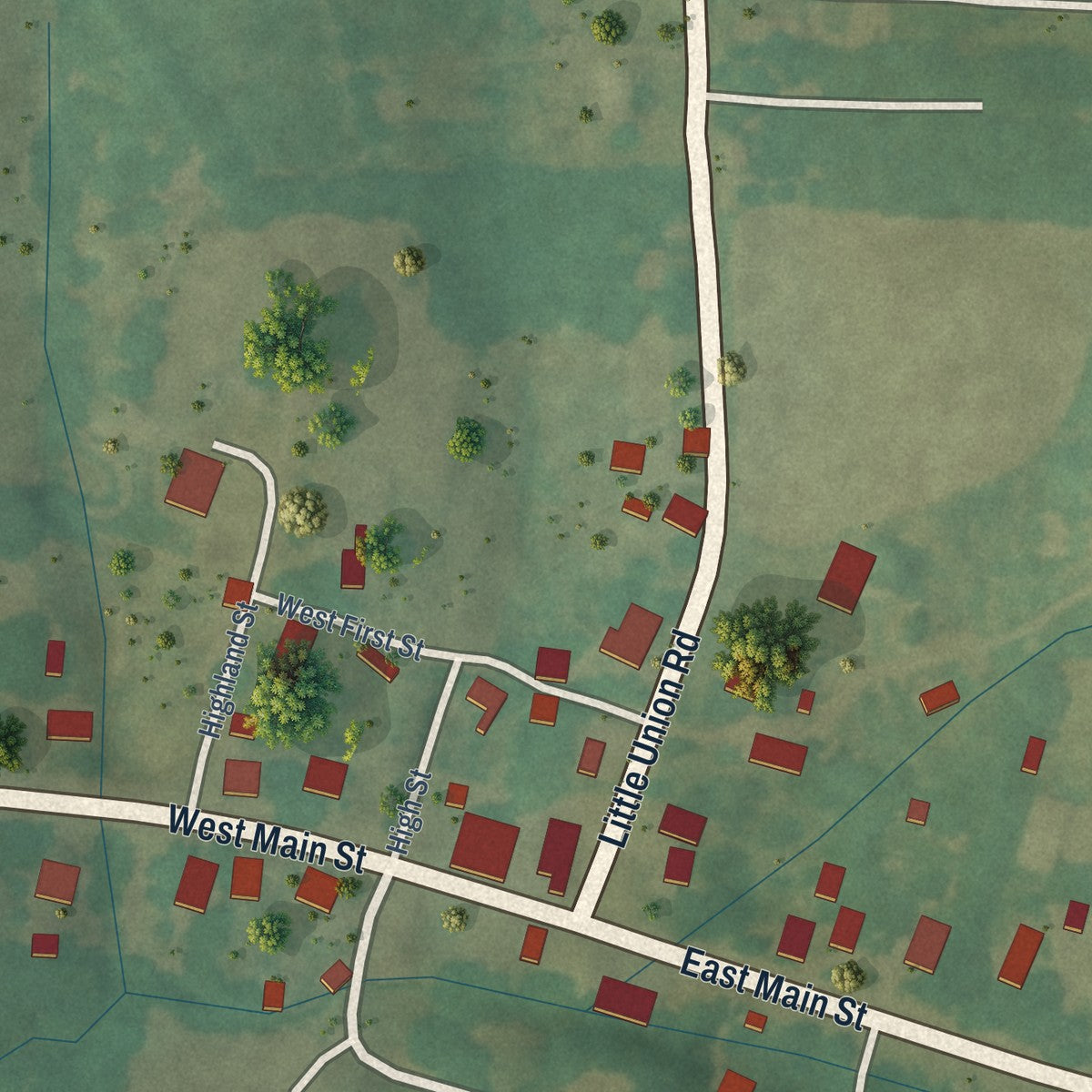 Close-up of the map of Fairfield, Kentucky print showing street and building detail