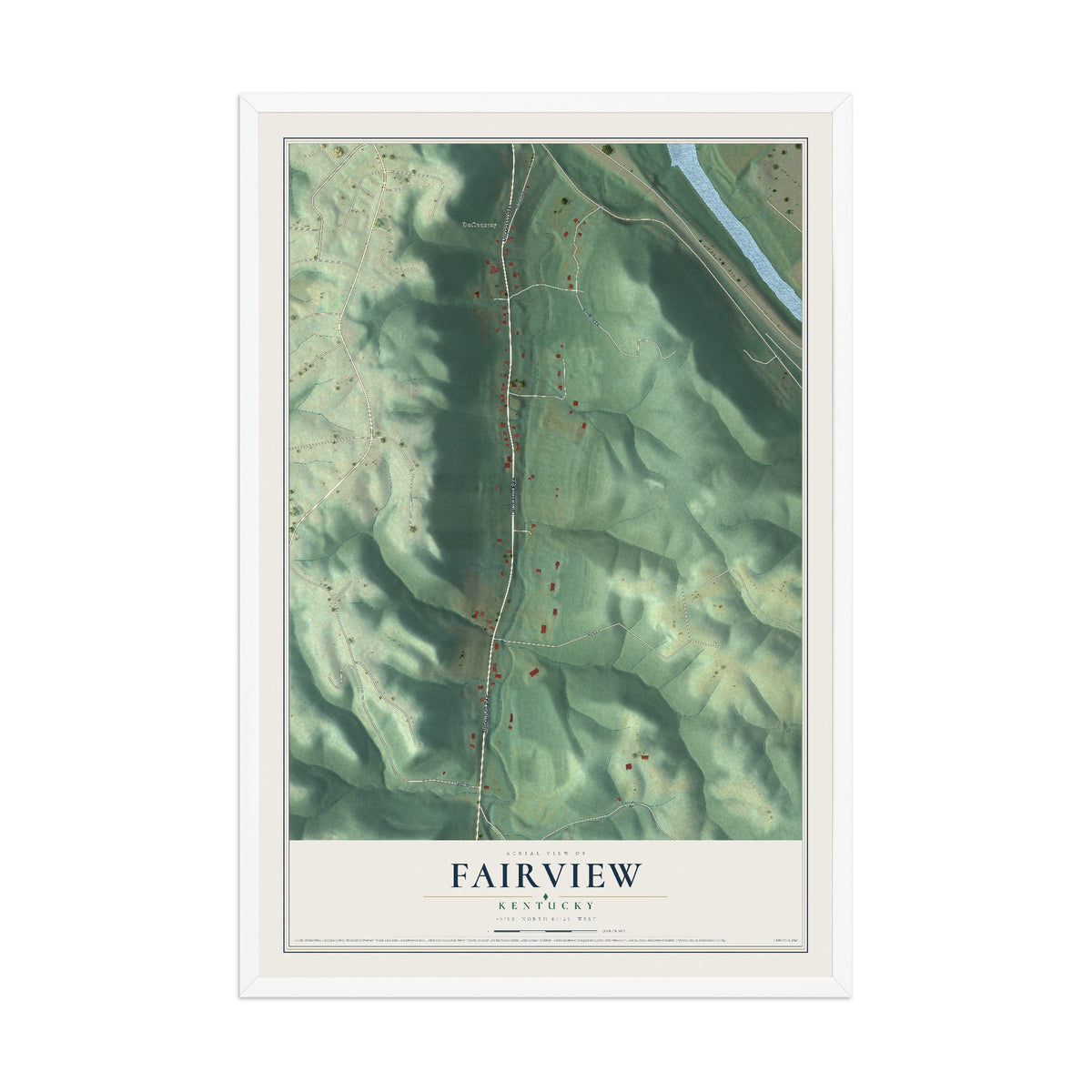 Map of Fairview, Kentucky, 12 x 18 inch print in a white wood frame