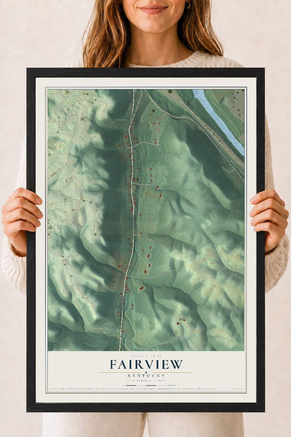 Map of Fairview, Kentucky, 18 x 24 inch print in a black wood frame