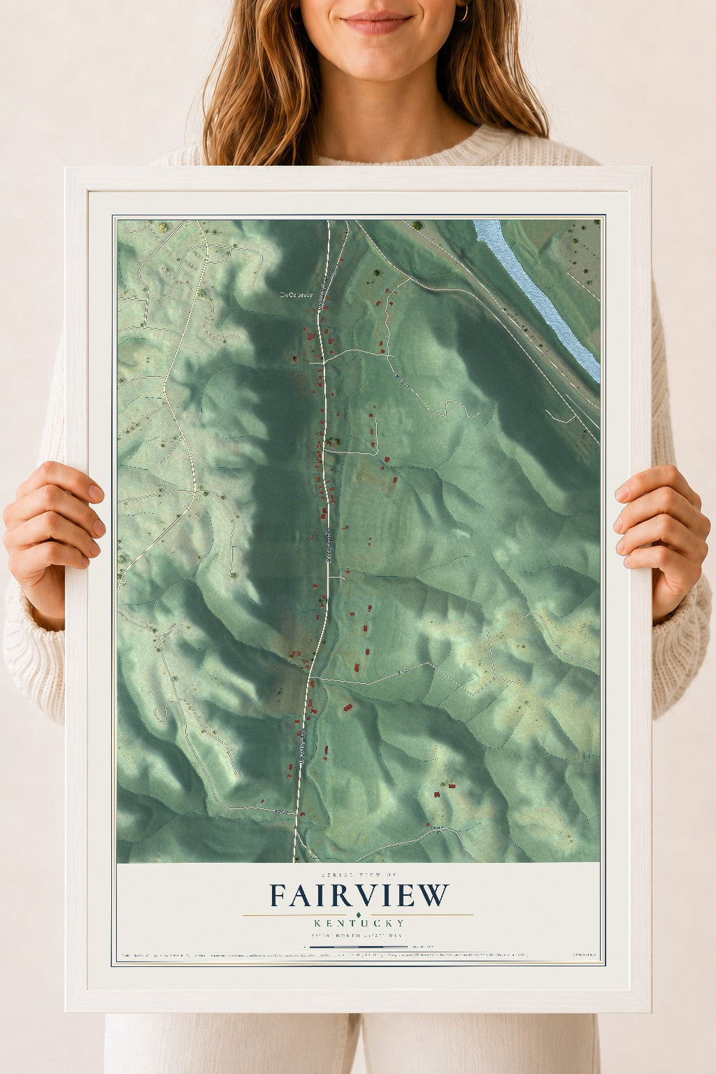 Map of Fairview, Kentucky, 18 x 24 inch print in a white wood frame