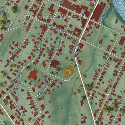 Close-up of the map of Falmouth, Kentucky print showing street and building detail