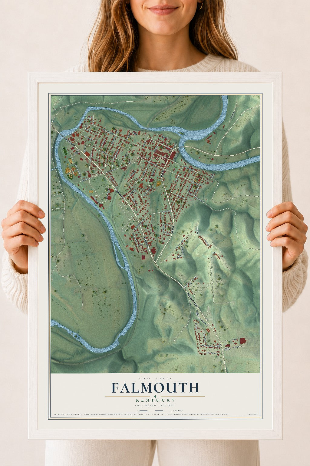 Map of Falmouth, Kentucky, 18 x 24 inch print in a white wood frame