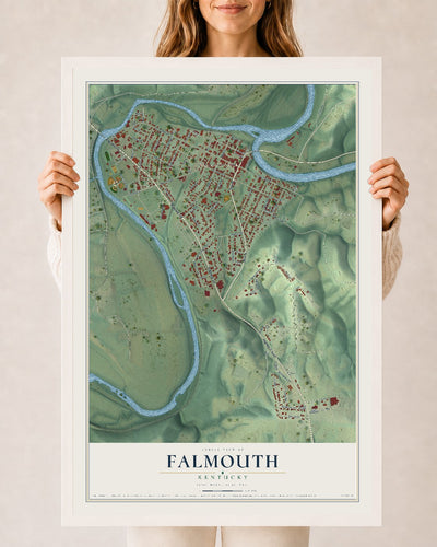 Map of Falmouth, Kentucky, 24 x 36 inch print in a white wood frame