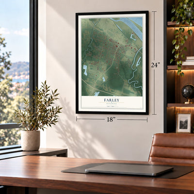 Farley, Kentucky map, 18 x 24 inch print in a black frame in a home office
