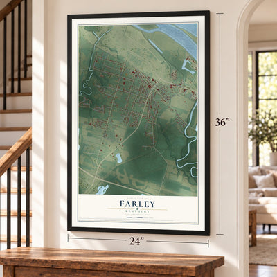 Farley, Kentucky map, 24 x 36 inch print in a black frame by a staircase