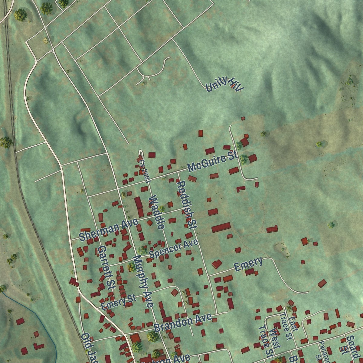 Close-up of the map of Ferguson, Kentucky print showing street and building detail