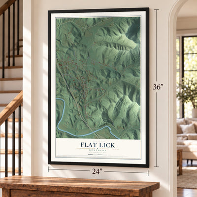 Flat Lick, Kentucky map, 24 x 36 inch print in a black frame by a staircase