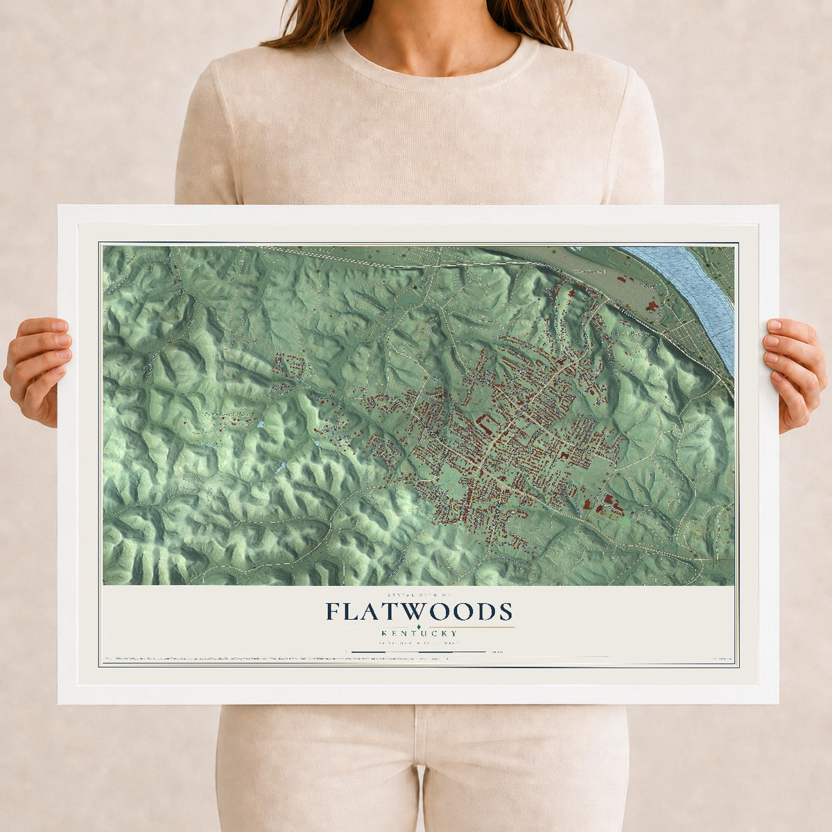 Map of Flatwoods, Kentucky, 12 x 18 inch print in a white wood frame