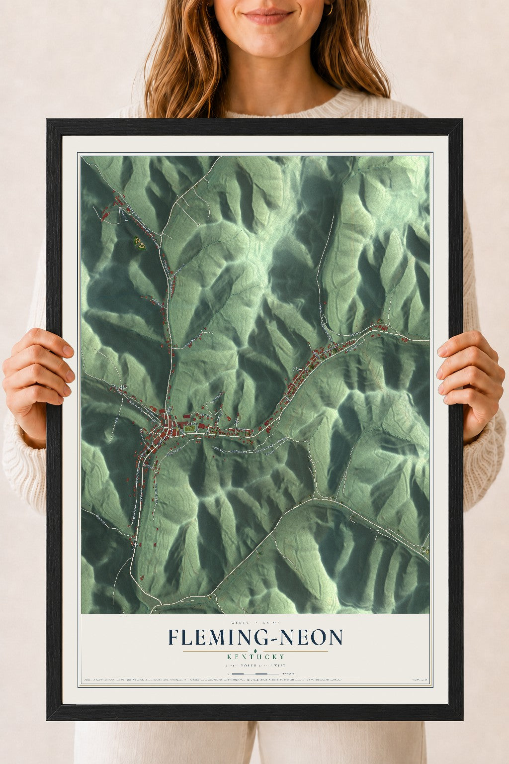Map of Fleming-Neon, Kentucky, 18 x 24 inch print in a black wood frame