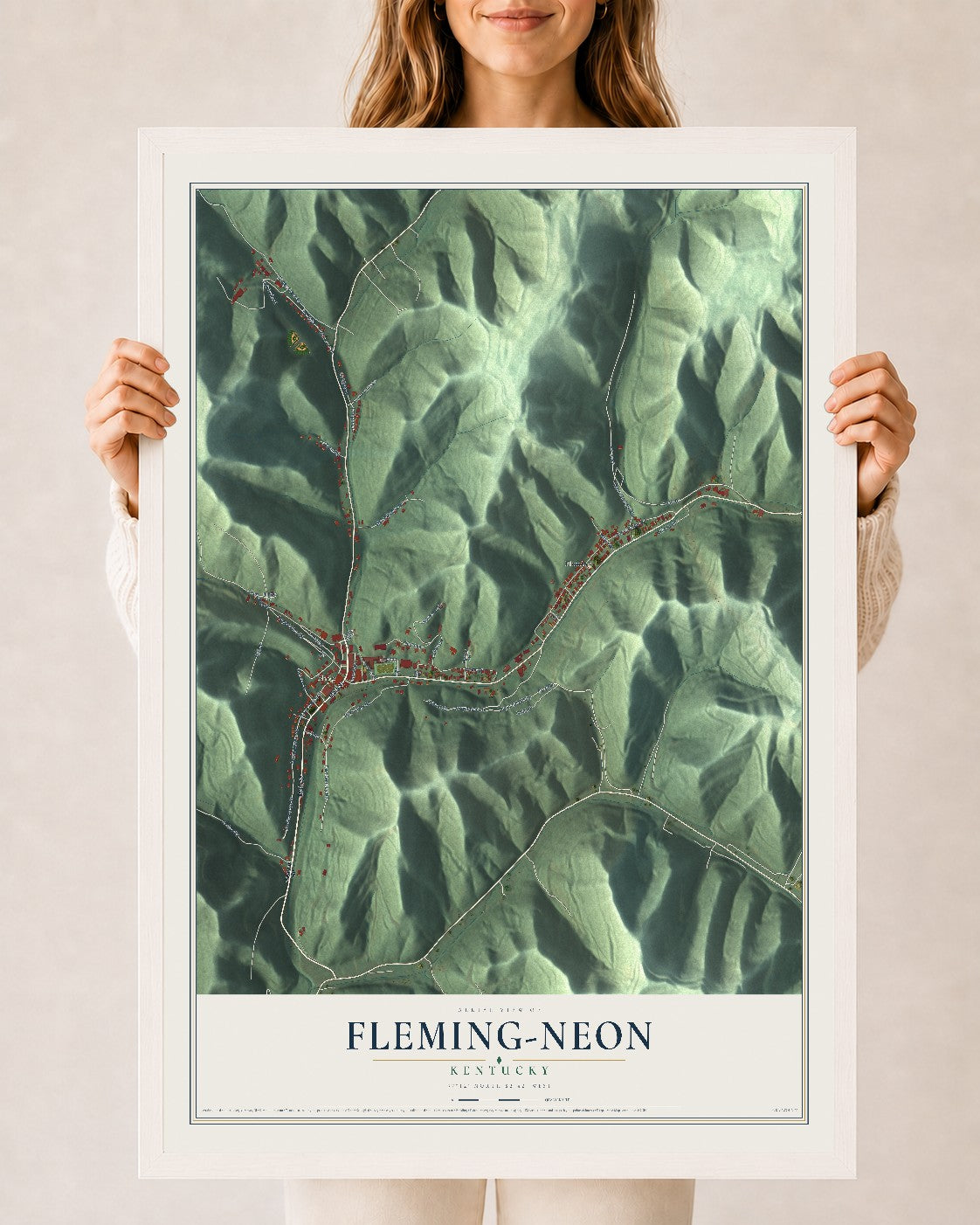 Map of Fleming-Neon, Kentucky, 24 x 36 inch print in a white wood frame