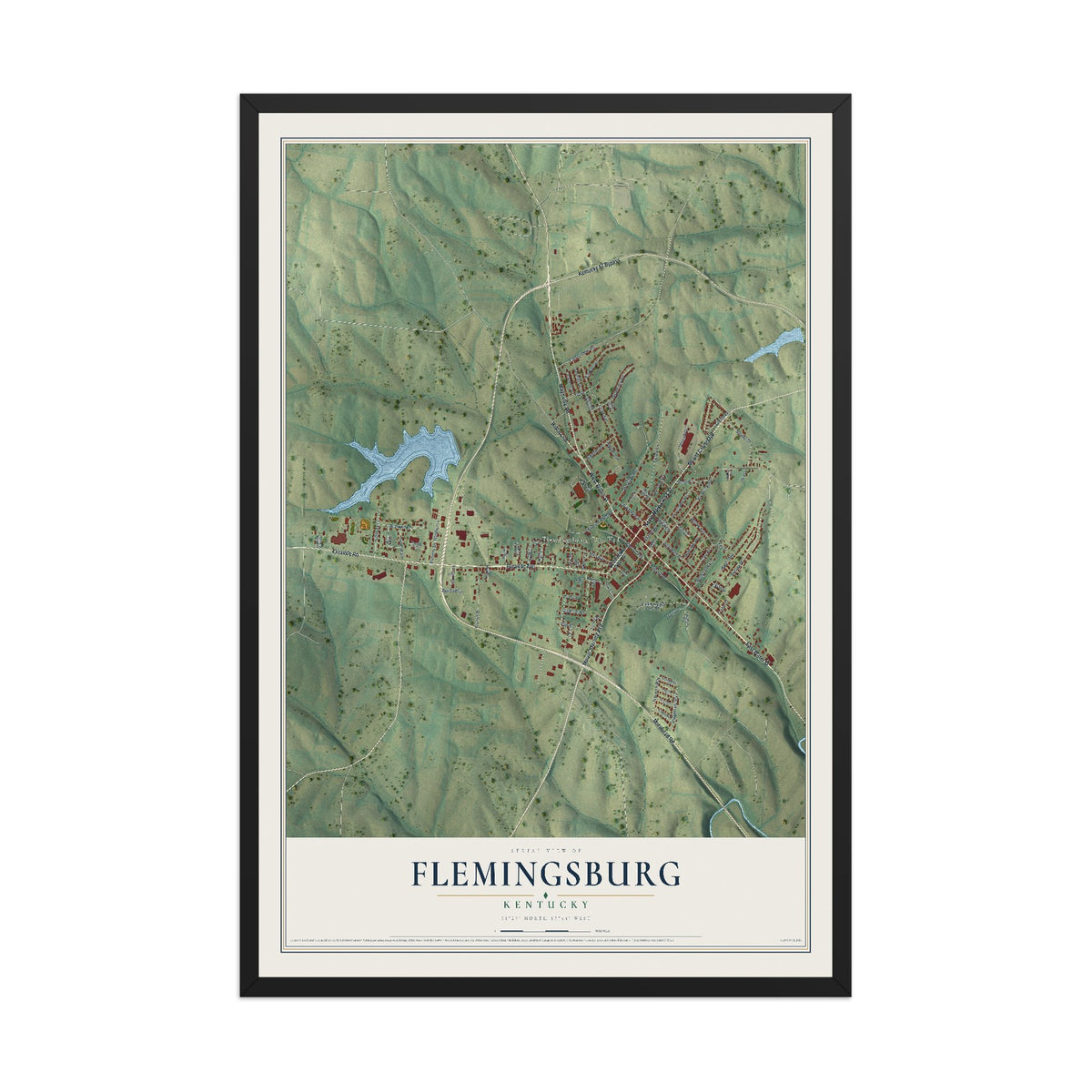 Map of Flemingsburg, Kentucky, 12 x 18 inch print in a black wood frame