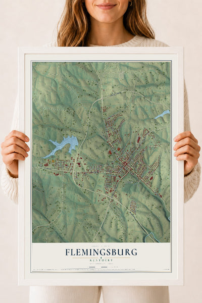Map of Flemingsburg, Kentucky, 18 x 24 inch print in a white wood frame