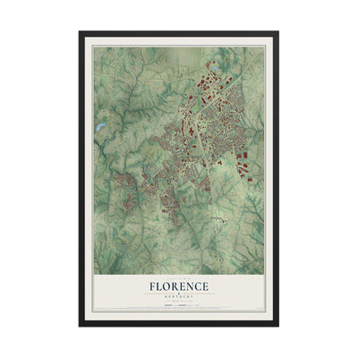 Map of Florence, Kentucky, 12 x 18 inch print in a black wood frame