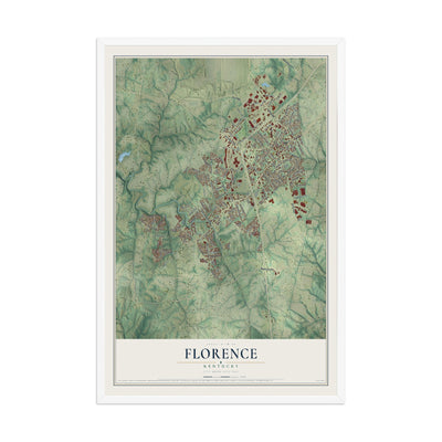 Map of Florence, Kentucky, 12 x 18 inch print in a white wood frame