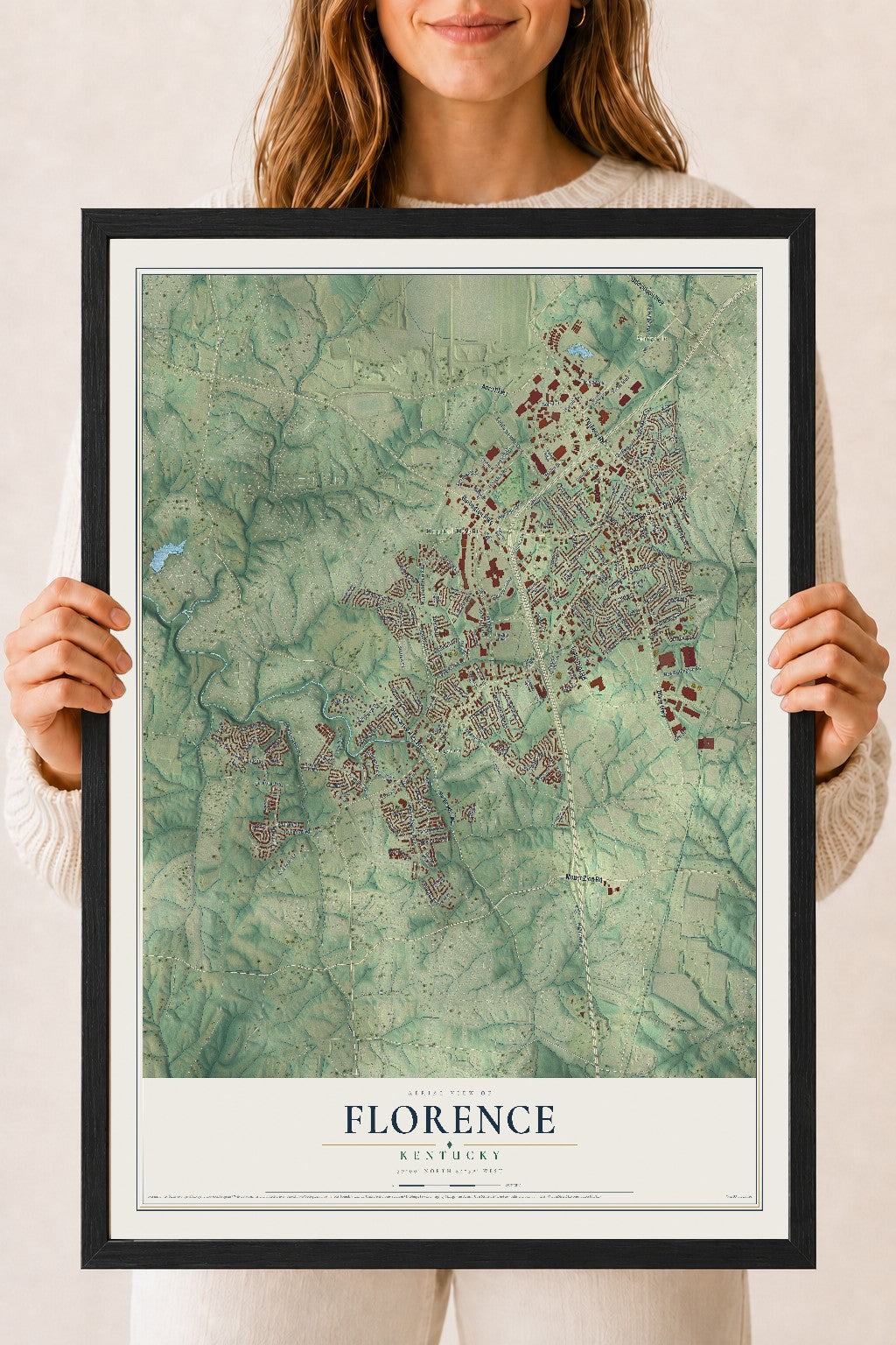 Map of Florence, Kentucky, 18 x 24 inch print in a black wood frame