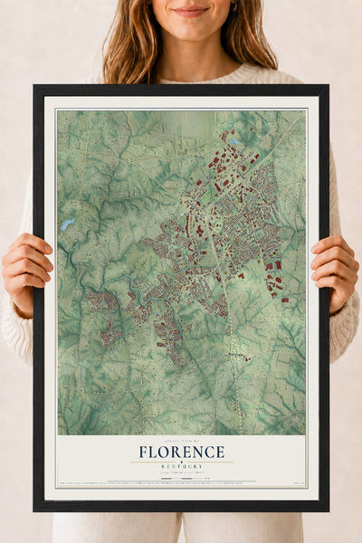 Map of Florence, Kentucky, 18 x 24 inch print in a black wood frame