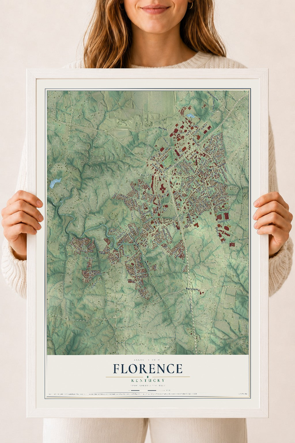 Map of Florence, Kentucky, 18 x 24 inch print in a white wood frame