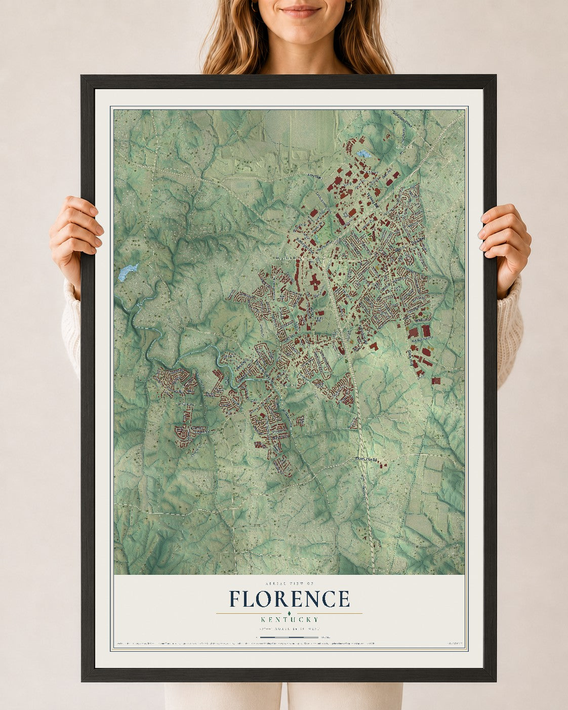 Map of Florence, Kentucky, 24 x 36 inch print in a black wood frame