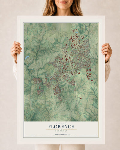 Map of Florence, Kentucky, 24 x 36 inch print in a white wood frame
