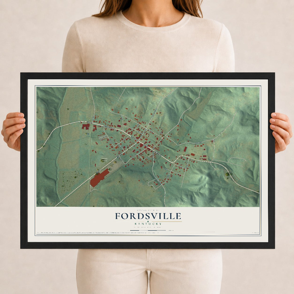 Map of Fordsville, Kentucky, 12 x 18 inch print in a black wood frame