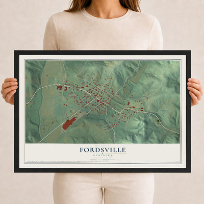 Map of Fordsville, Kentucky, 12 x 18 inch print in a black wood frame