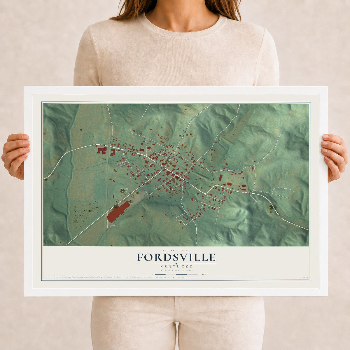 Map of Fordsville, Kentucky, 12 x 18 inch print in a white wood frame