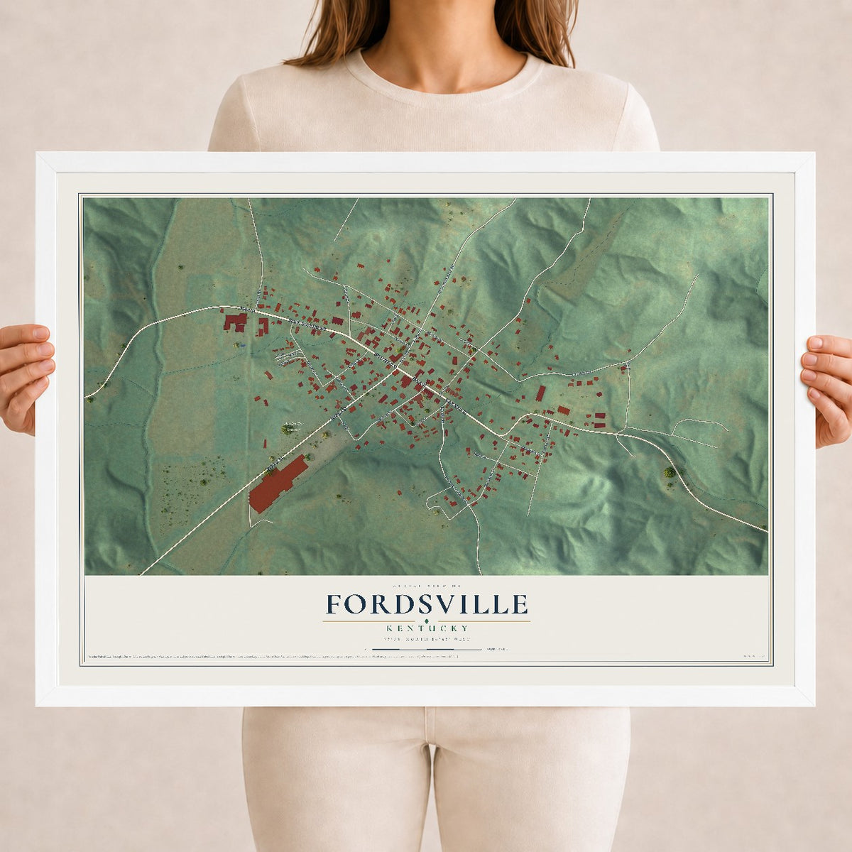 Map of Fordsville, Kentucky, 18 x 24 inch print in a white wood frame