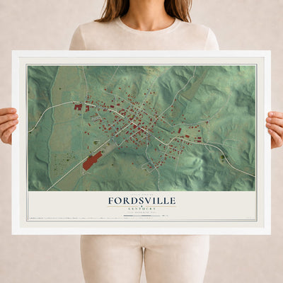 Map of Fordsville, Kentucky, 18 x 24 inch print in a white wood frame