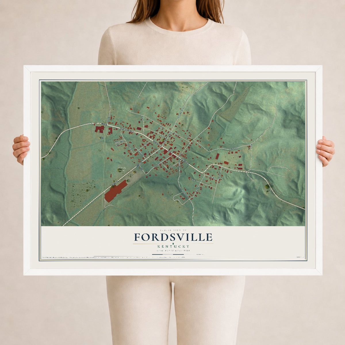 Map of Fordsville, Kentucky, 24 x 36 inch print in a white wood frame