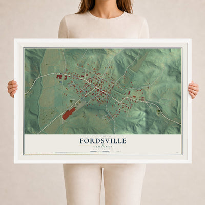Map of Fordsville, Kentucky, 24 x 36 inch print in a white wood frame
