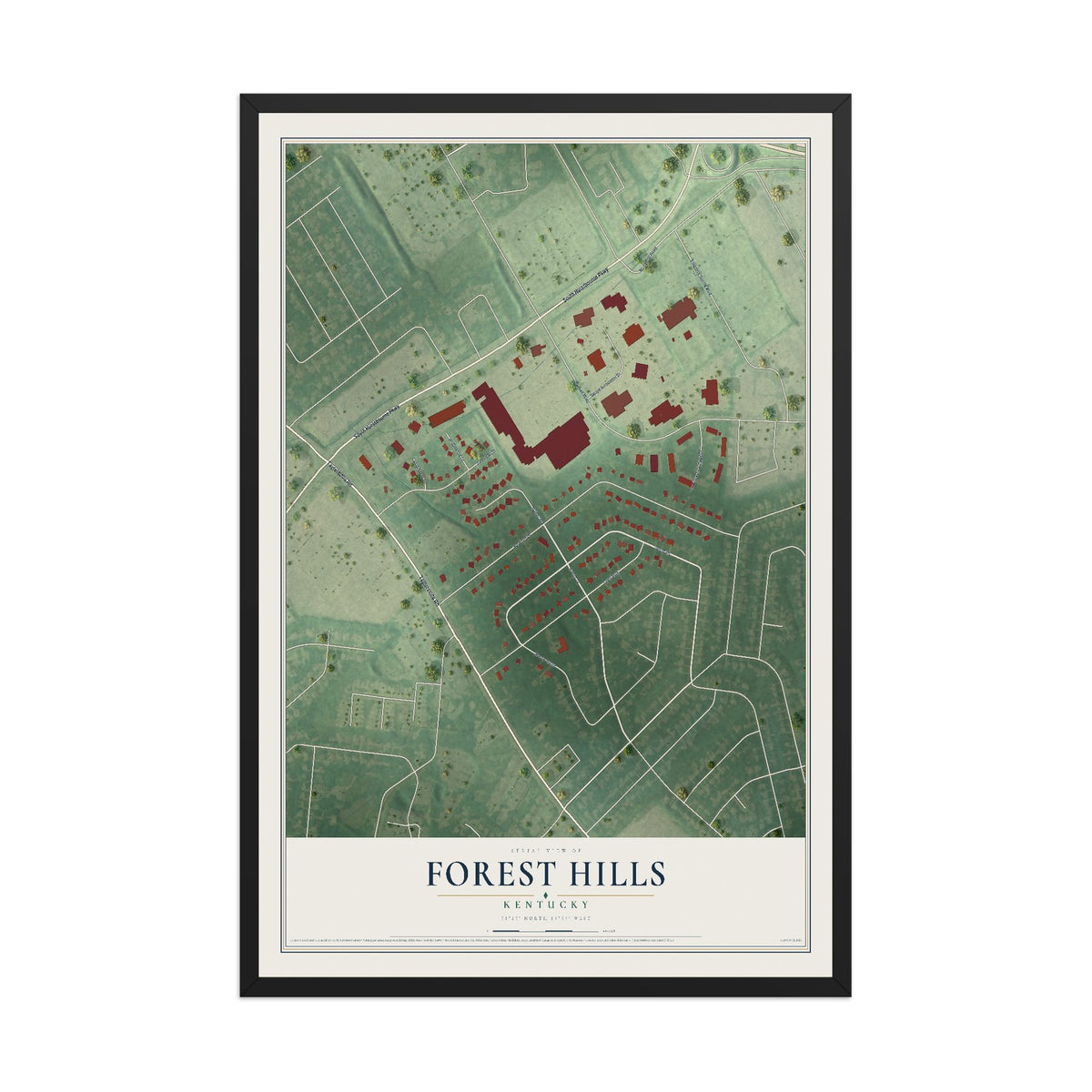 Map of Forest Hills, Kentucky, 12 x 18 inch print in a black wood frame
