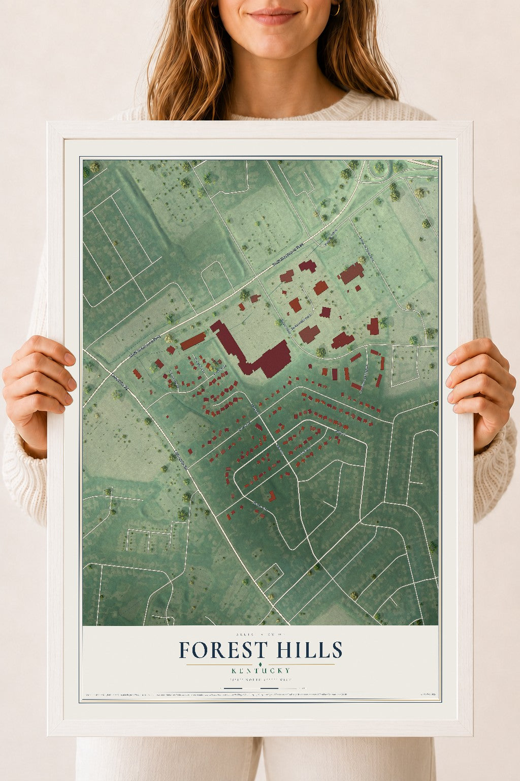 Map of Forest Hills, Kentucky, 18 x 24 inch print in a white wood frame