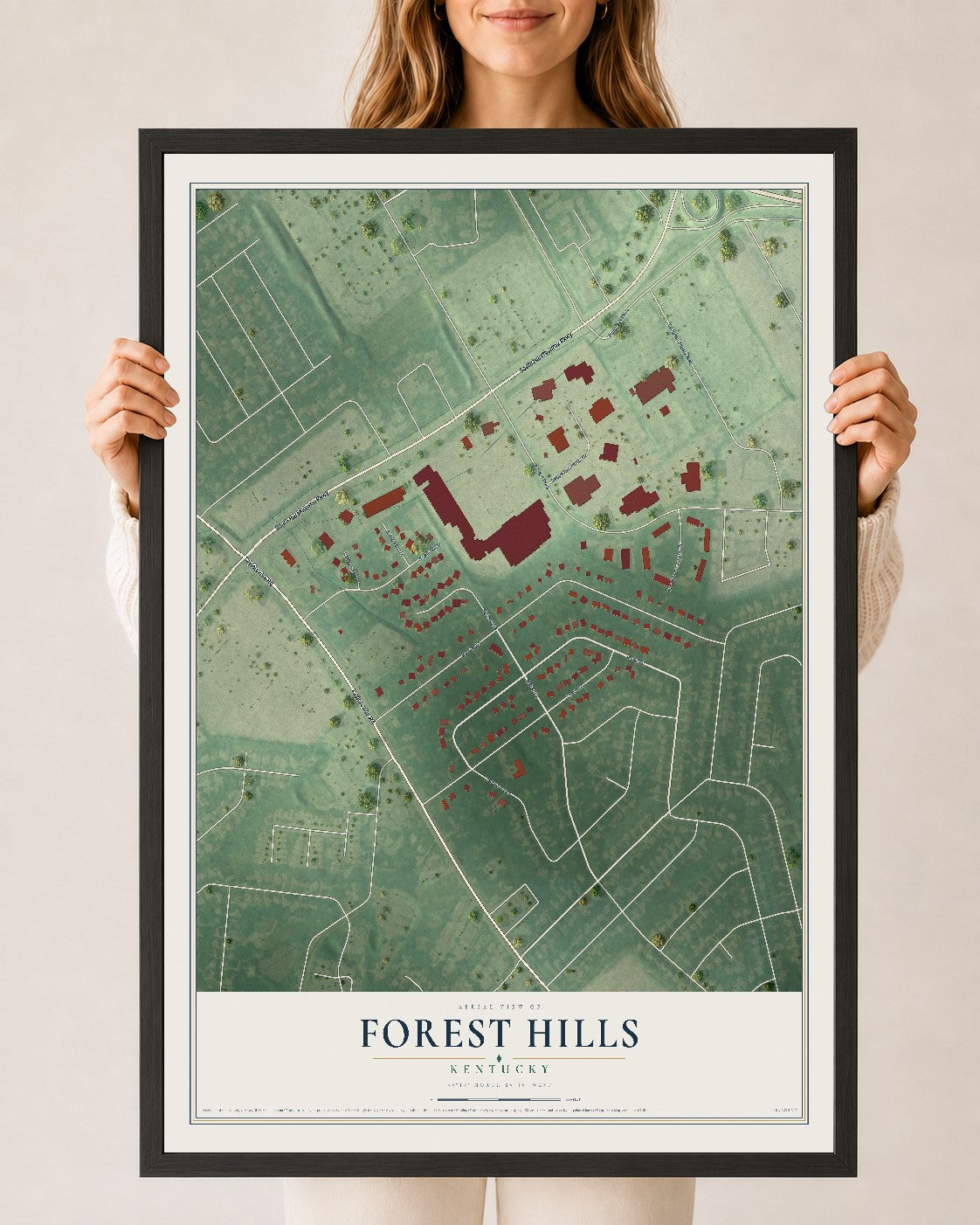 Map of Forest Hills, Kentucky, 24 x 36 inch print in a black wood frame