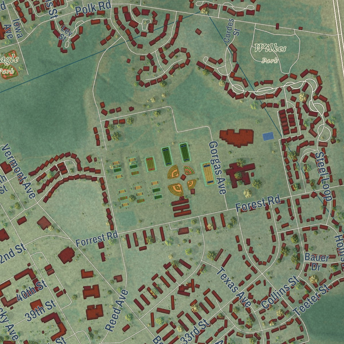 Close-up of the map of Fort Campbell North, Kentucky print showing street and building detail