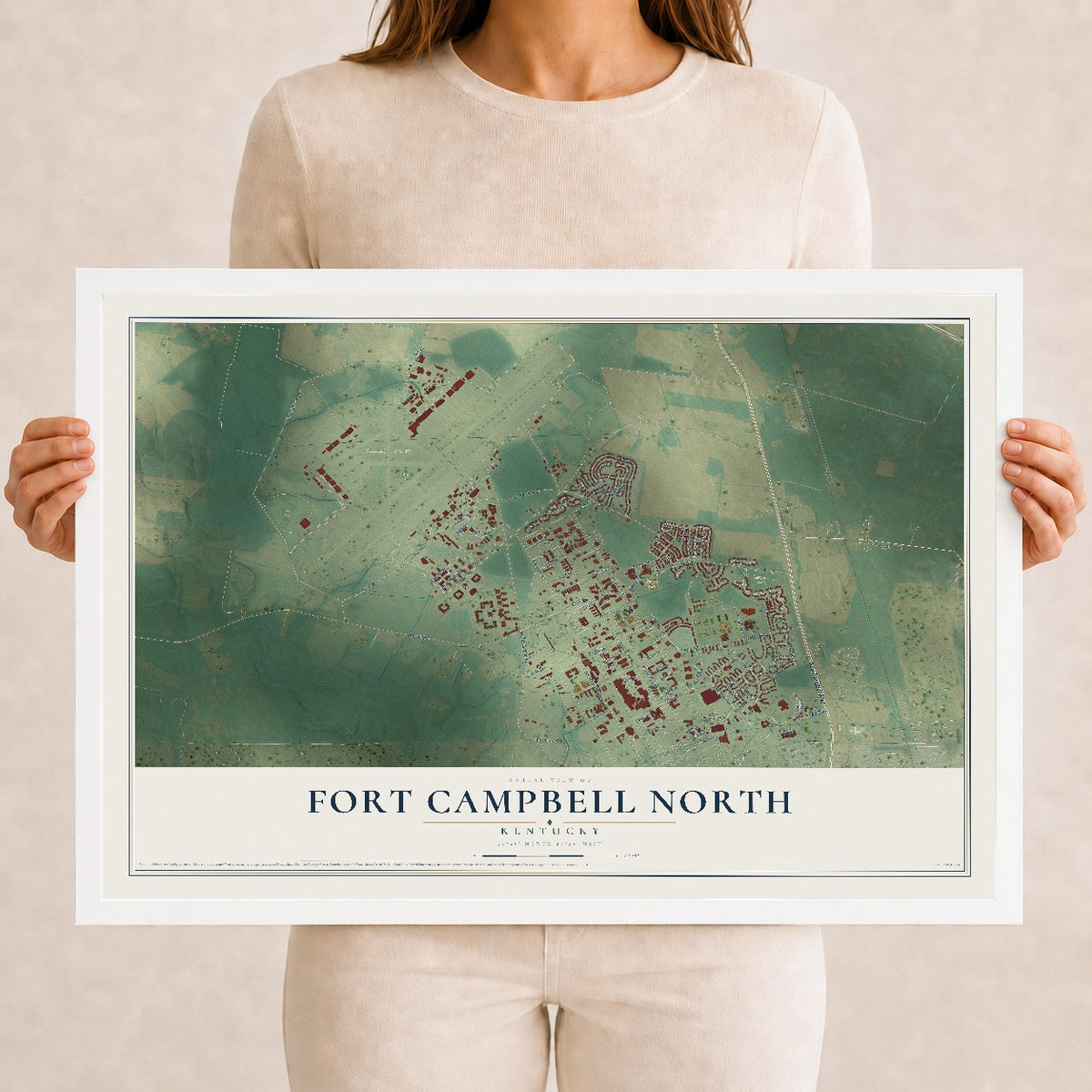 Map of Fort Campbell North, Kentucky, 12 x 18 inch print in a white wood frame