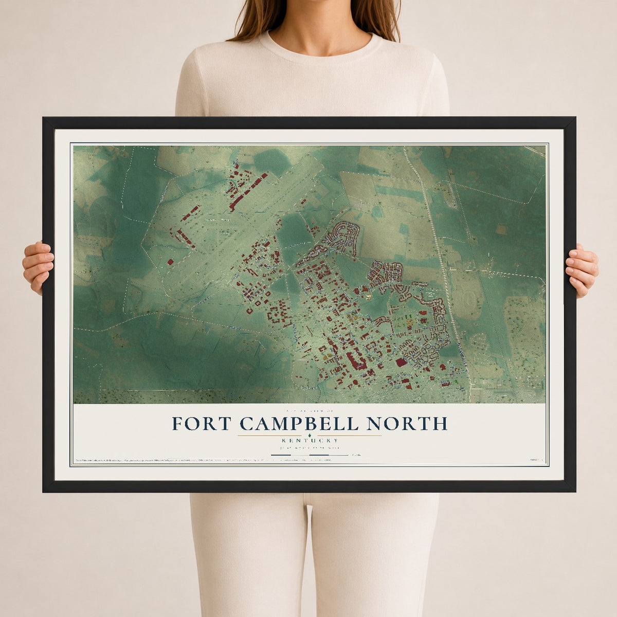 Map of Fort Campbell North, Kentucky, 24 x 36 inch print in a black wood frame